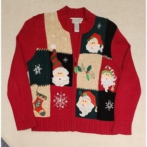Tiara International Vintage Christmas Ugly Sweater Cardigan Zip Red Medium